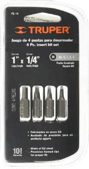 Puntas Destor.cuadradas. 25mm"TRUPER"PC-14 x bl de 4 pzas
